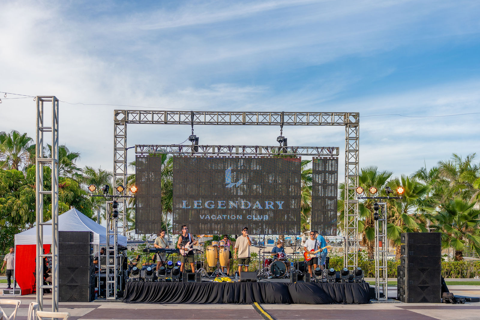 Main event stage and production build beside the resort