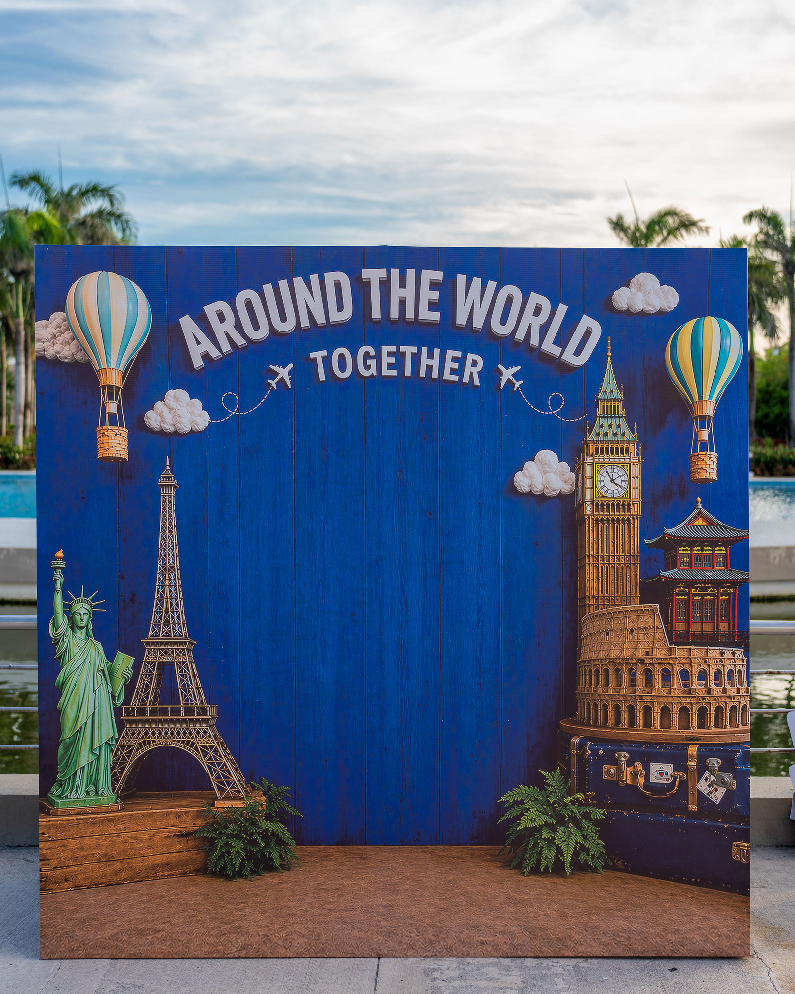 Around the World Together photo backdrop with hot air balloons