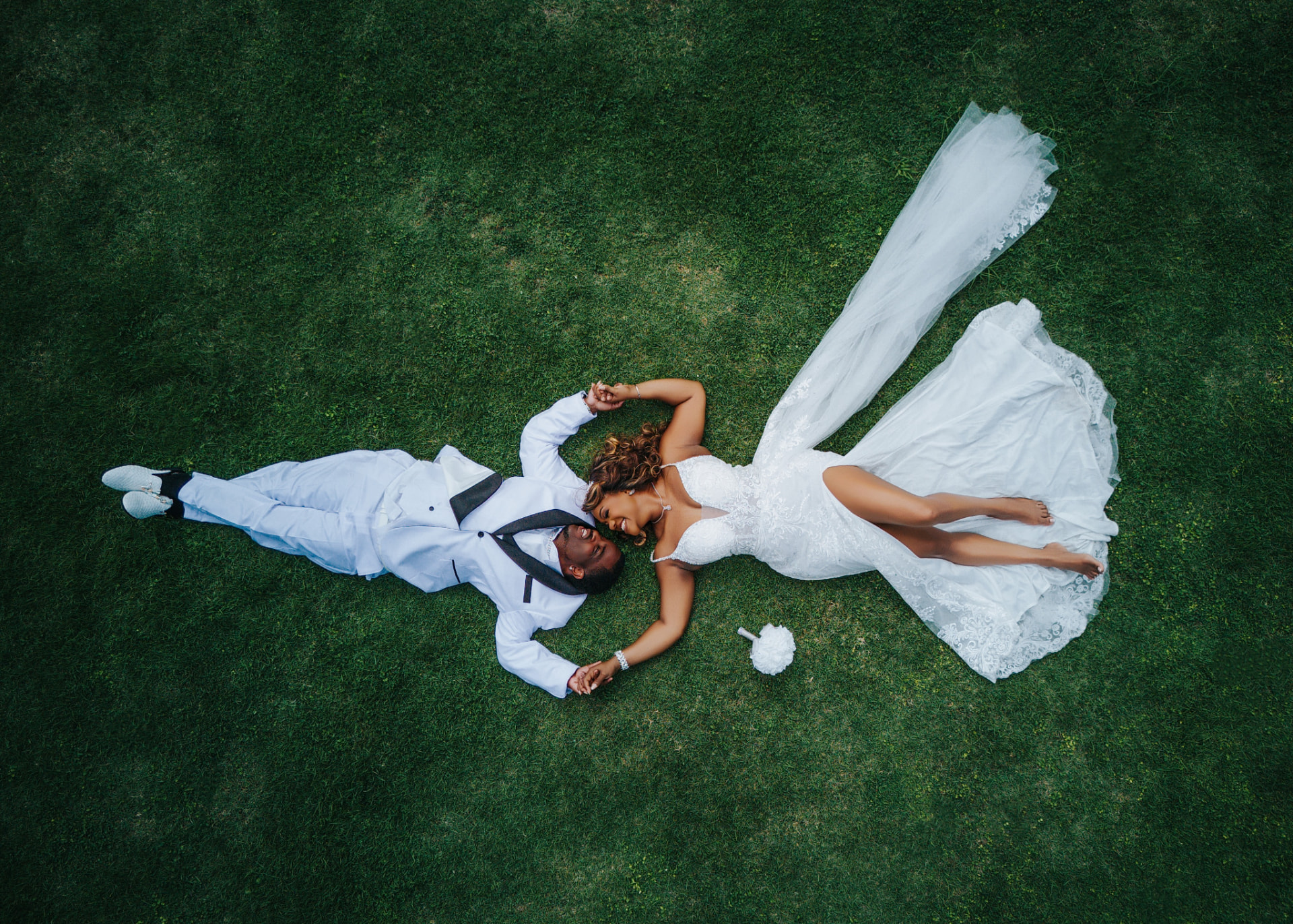 Aerial photograph of the couple from above